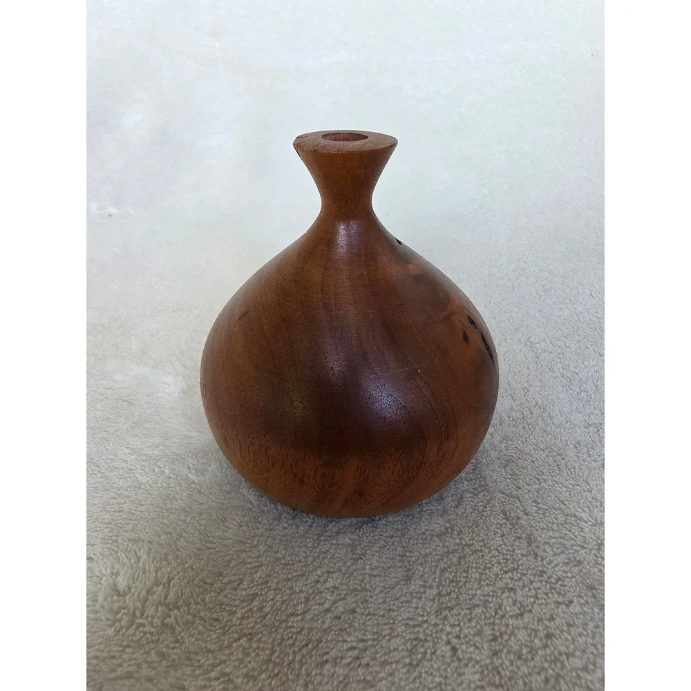 Vintage Hand Turned Solid Wood Weed Vase Teardrop Bud Vase Natural Grain Decor